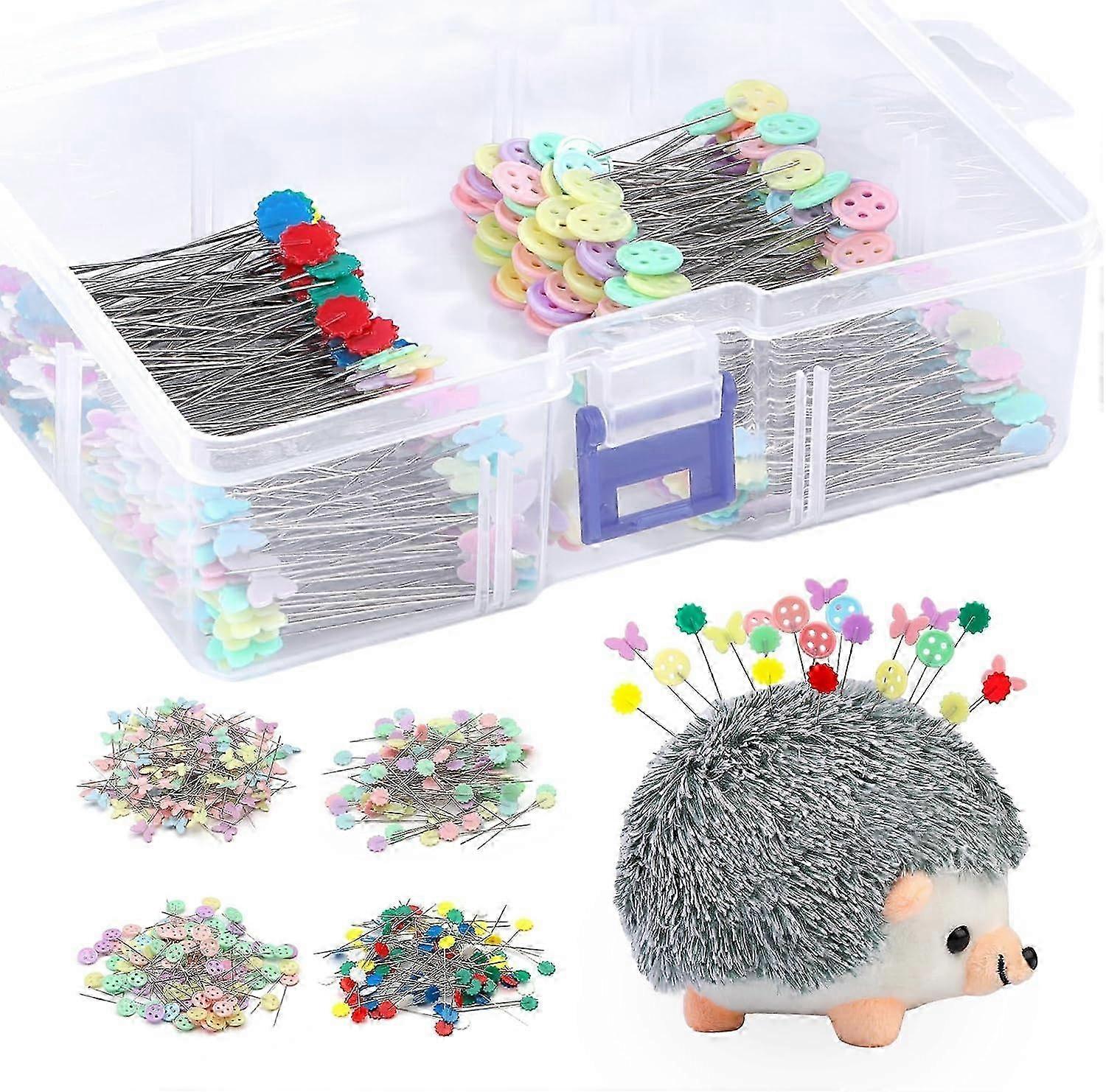 400 Pcs Sewing Pins, Flat Head Straight Pins, Sewing Pins Coloured Heads, Quilting Pins with Hedgehog Needle Cushion Storage Box, Dressmaking Pins