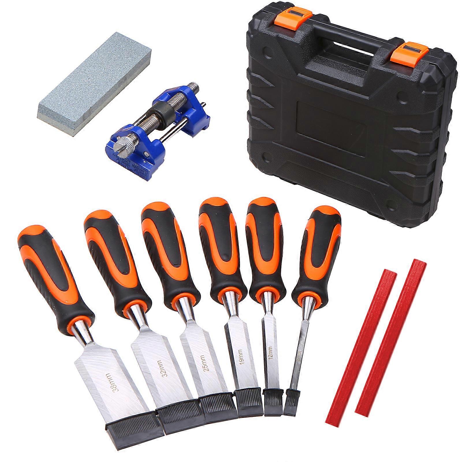 Wood Chisel Set 10pcs Chisel Masonry Carving Tool Flat Chisel Carpentry Set Plastic Fiber Handle Carpenter Woodworking Tool Set with Honing Guide Shar