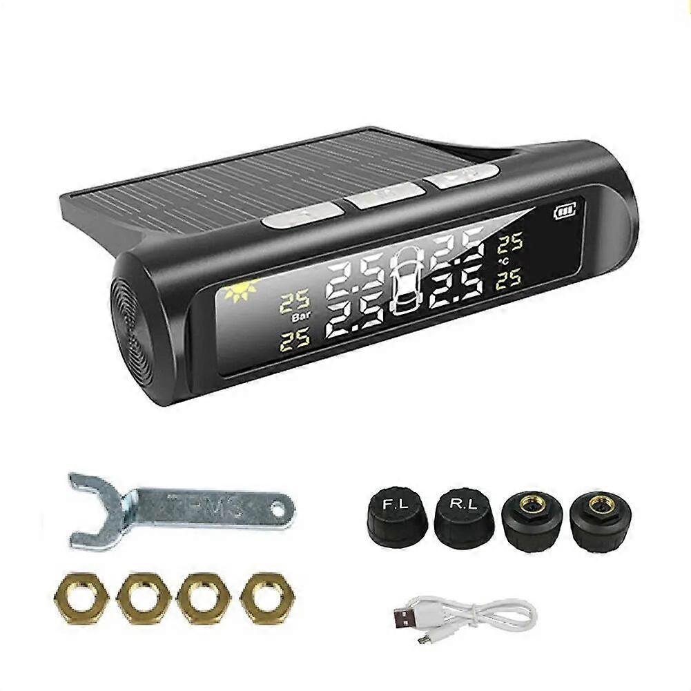 Solar TPMS Car Tire Pressure Alarm Monitor System Temperature Warning Fuel Save Display Attached 4 Internal External Sensors