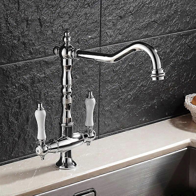 Dual Handle Kitchen Faucet Deck Mounted Single Hole Hot Cold Water Mixer Crane Kitchen Sink Faucets Antique Bronze Black ELK9088