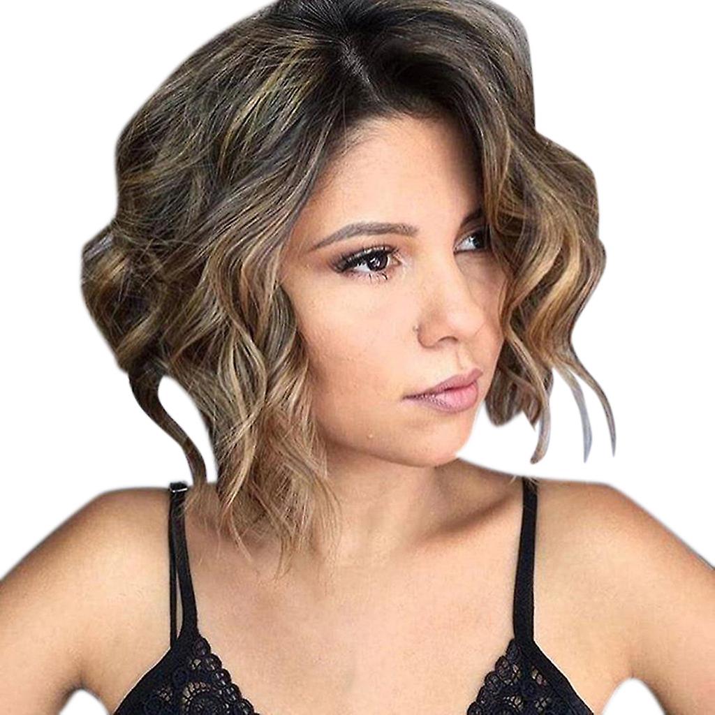 Women Natural Short Wavy Brow Gradient Wig Rose Net Synthetic Curly Wigs