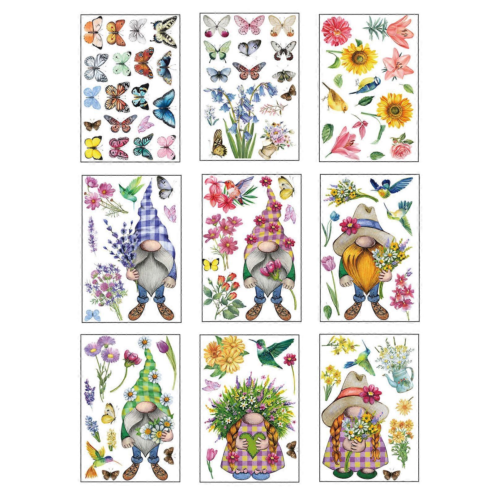9Pcs Window Sticker Spring Gnome Flower Pattern Window Clings Durable Reusable Static Decals for Home Decoration Jikaixiang