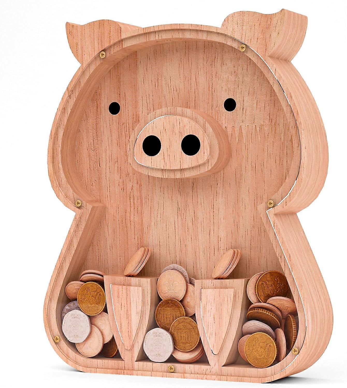 Wooden Piggy Bank for Kids with Cute Design, Personalized Initial, 6 Inch Size, Eco-Friendly Material