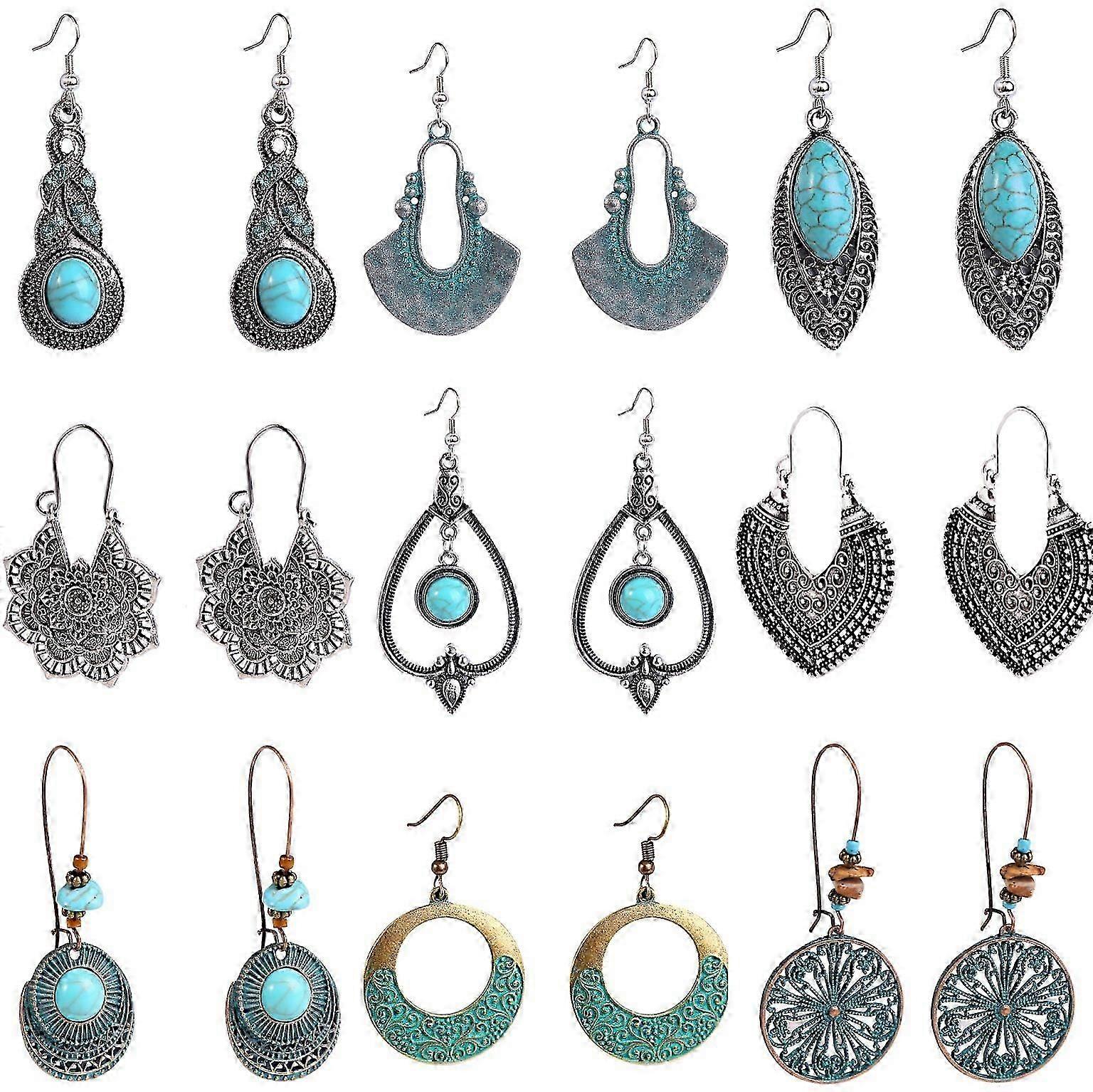 DWW-9 Paires Boucles d'Oreilles Boho Vintage, Boucles d'Oreilles Turquoise pour Filles Femmes Cadeau Bijoux Accessoires(ブックレ・ドレイユ・ターコイユ・プル・フィーユ・ファム・カドー・ビジュー・アクセサリー)