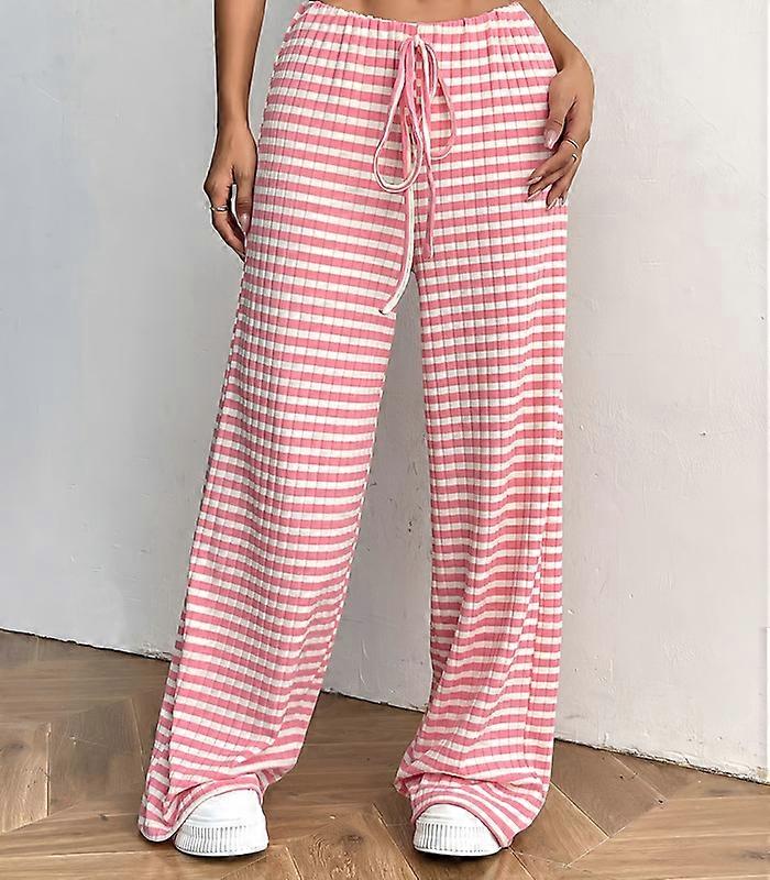 Women's Striped Knit Wide Leg Pants Baggy Loose Drawstring Lounge Trousers for Casual Comfort