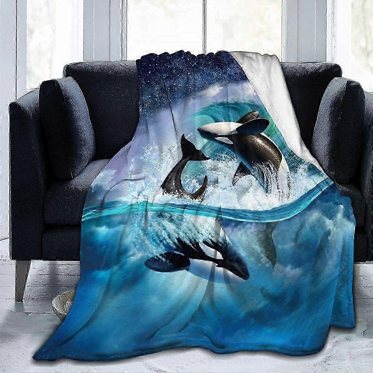 Couverture polaire ultra douce et confortable en flanelle micro-fibre motif baleines orques, idéale pour un lit, un canapé ou une chaise, 150 x 125 cm