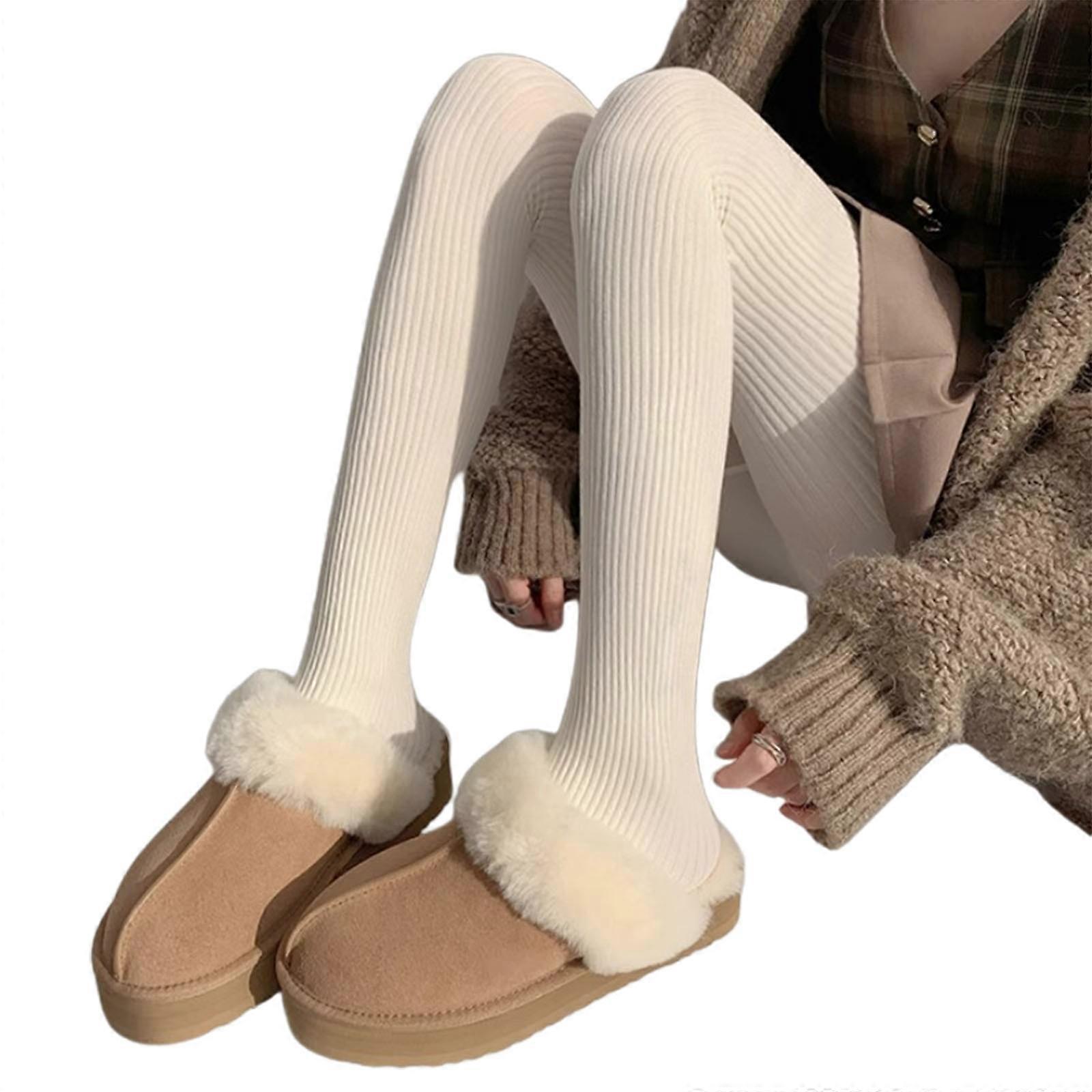 Calze collant in cotone a coste tinta unita da donna inverno autunno addensare maglione a maglia a righe verticali collant leggings bianco latte