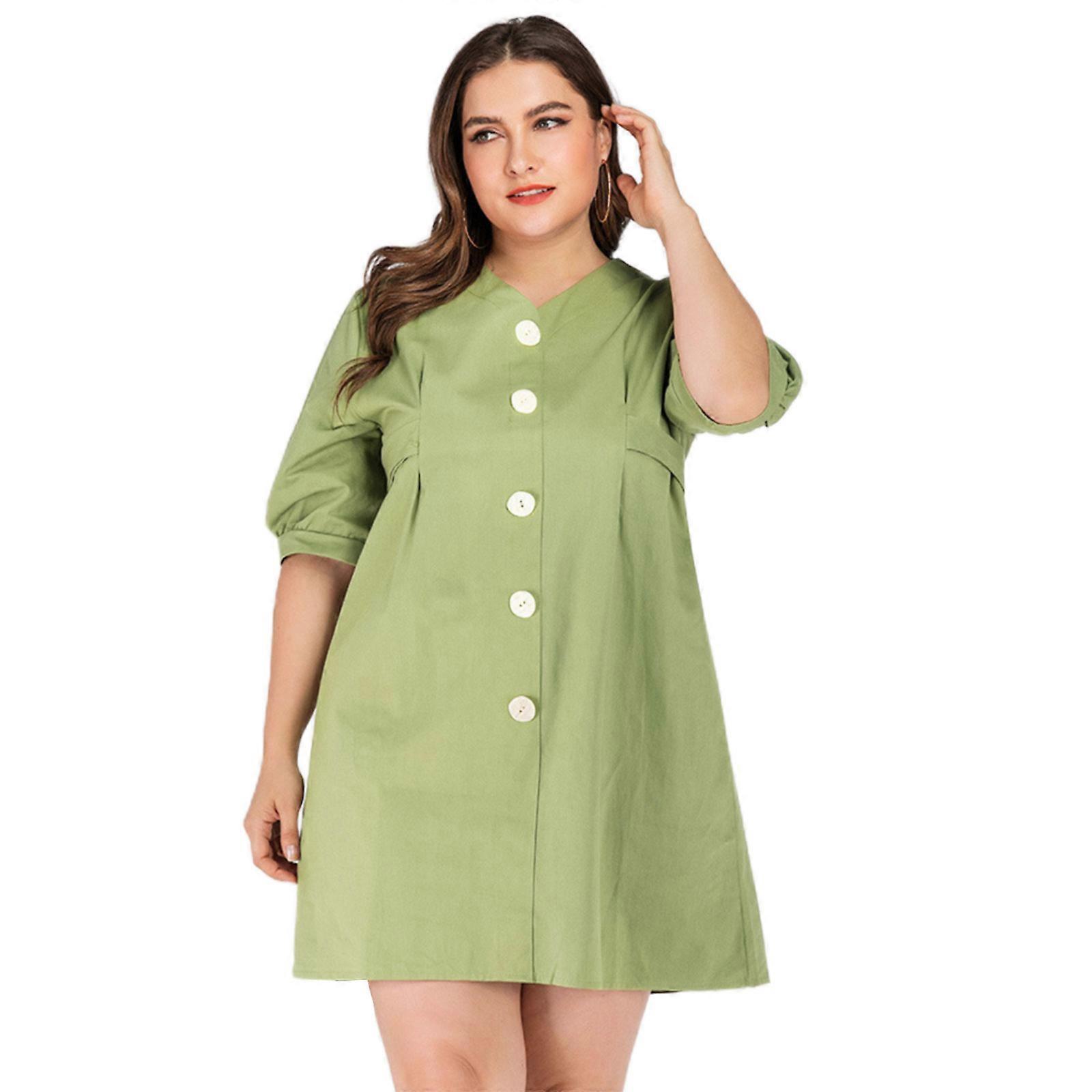 Elegante Plus Size A Linie Kleid Button Down Weiblich Sommer Halbarm Frauen Strand Täglich Mini Kleid für Frau Mutter XL-4XL Grün XL