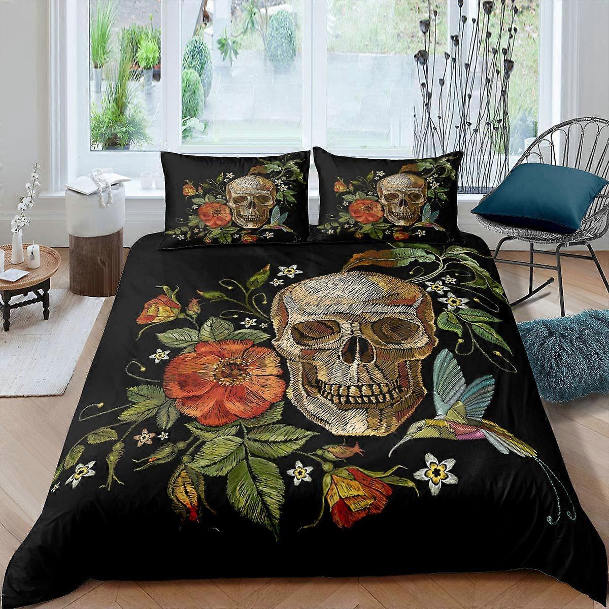 Retro Flower Hummingbird Green Leaf Branch Halloween Gothic Comforter Cover for Decor Bedding King Size