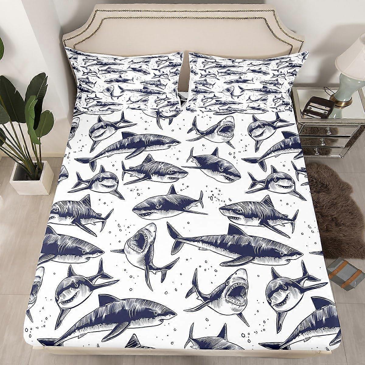Shark Fitted Sheet Deep Pocket Full Size Ocean Life Bedding For Kids No Top Sheet Pattern 105 54x75 Grey White