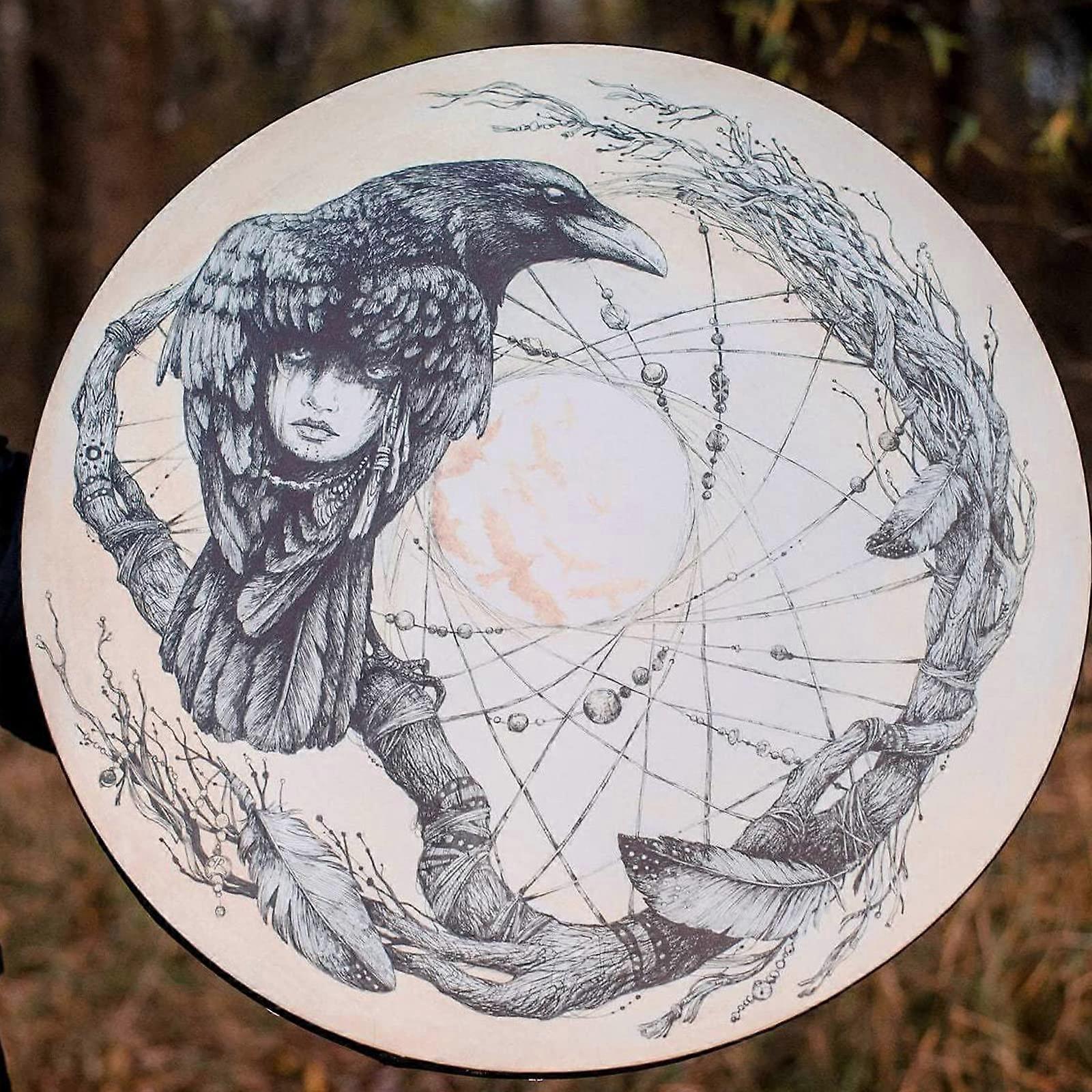 Shaman Drum 10 Inch Handmade Shamanic Drum Hand Drum With Drum Stick Tree of Life Sound Healing Tool For Spiritual Music, Reflection Meditation(Crow)