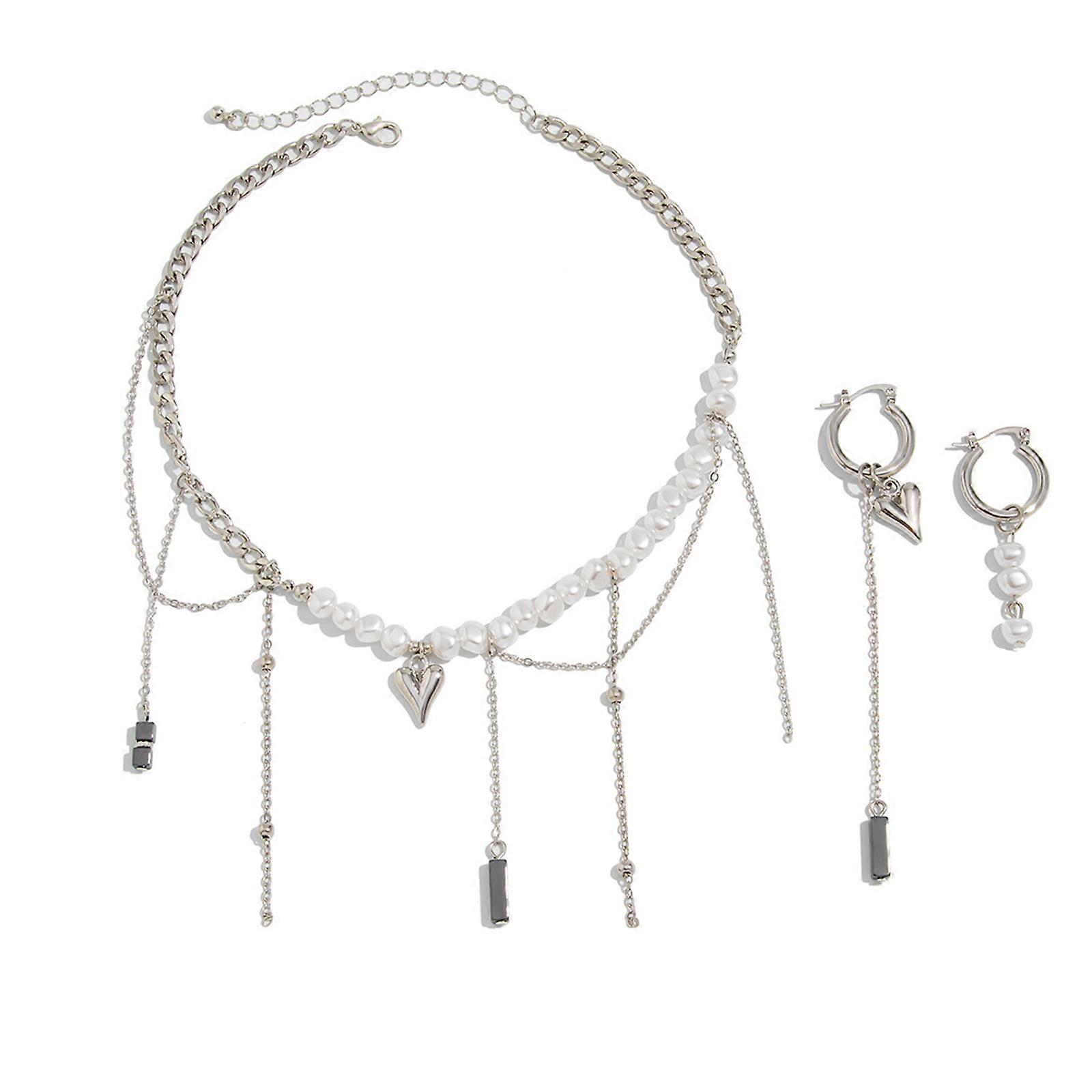 Multi Layer Bohemian Heart Pendant Earrings and Necklace Adjustable Bohemian Pearls Necklace Silver Plated Cuban Chain