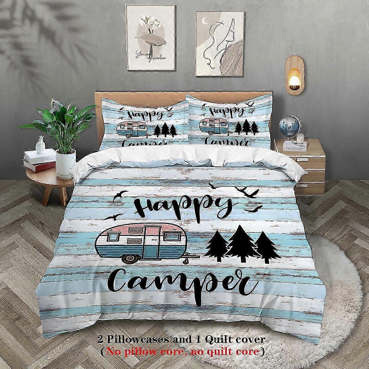 Conjunto de Cama com Padrão Happy Camper para Camping, Capa de Colcha Fofa com Fronha - Conjunto de Cama de 3 Peças para Meninos e Adultos, Inclui 1 Edredom C