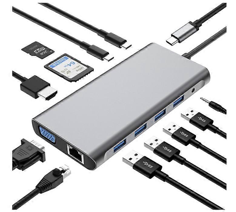 12 in 1 USB C Docking Station with 4K HDMI, VGA, 3*USB 2.0, USB3.0, USB C Data, PD3.0, RJ45 Ethernet Port, SD/TF, 3.5 mm AUX(Gray)