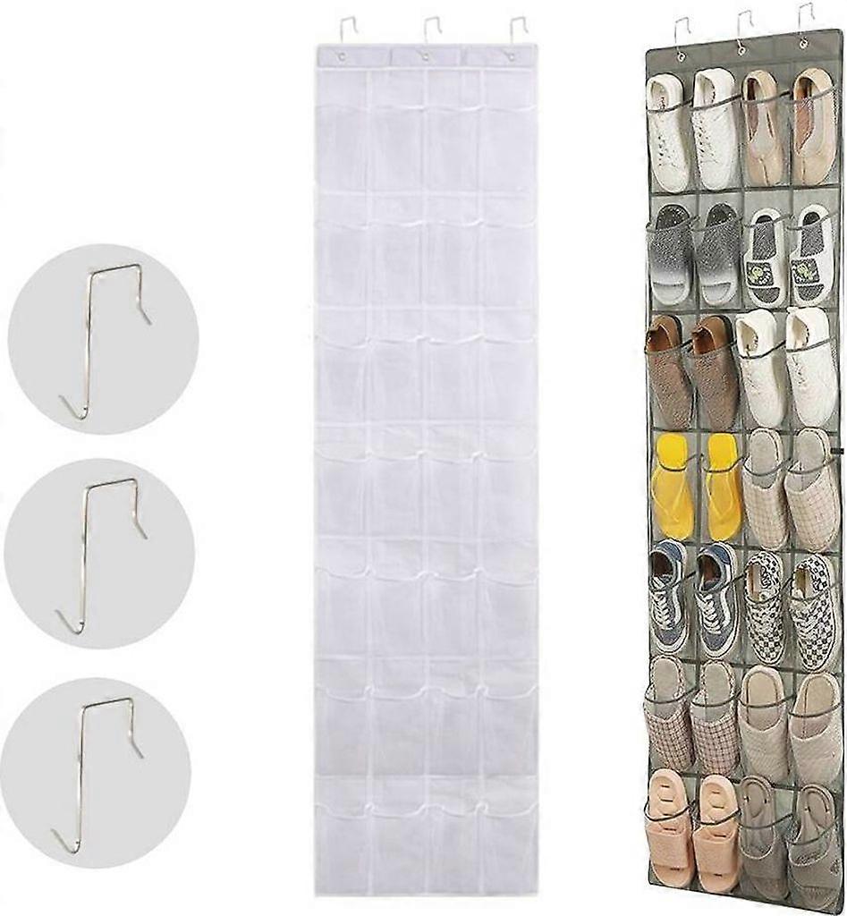 Over-Door Shoe Storage Bag with 28 Mesh Pockets and 3 Hooks, White