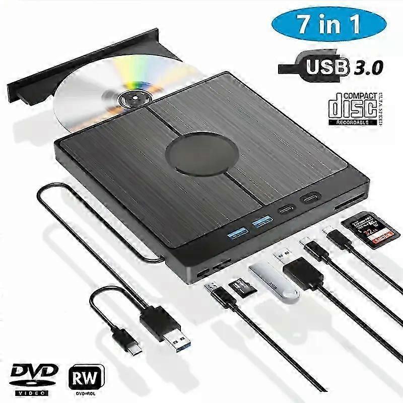 7 in 1 External CD DVD Drive, USB 3.0 Type-C Optical External CD/DVD Burner with SD/TF Card Reader