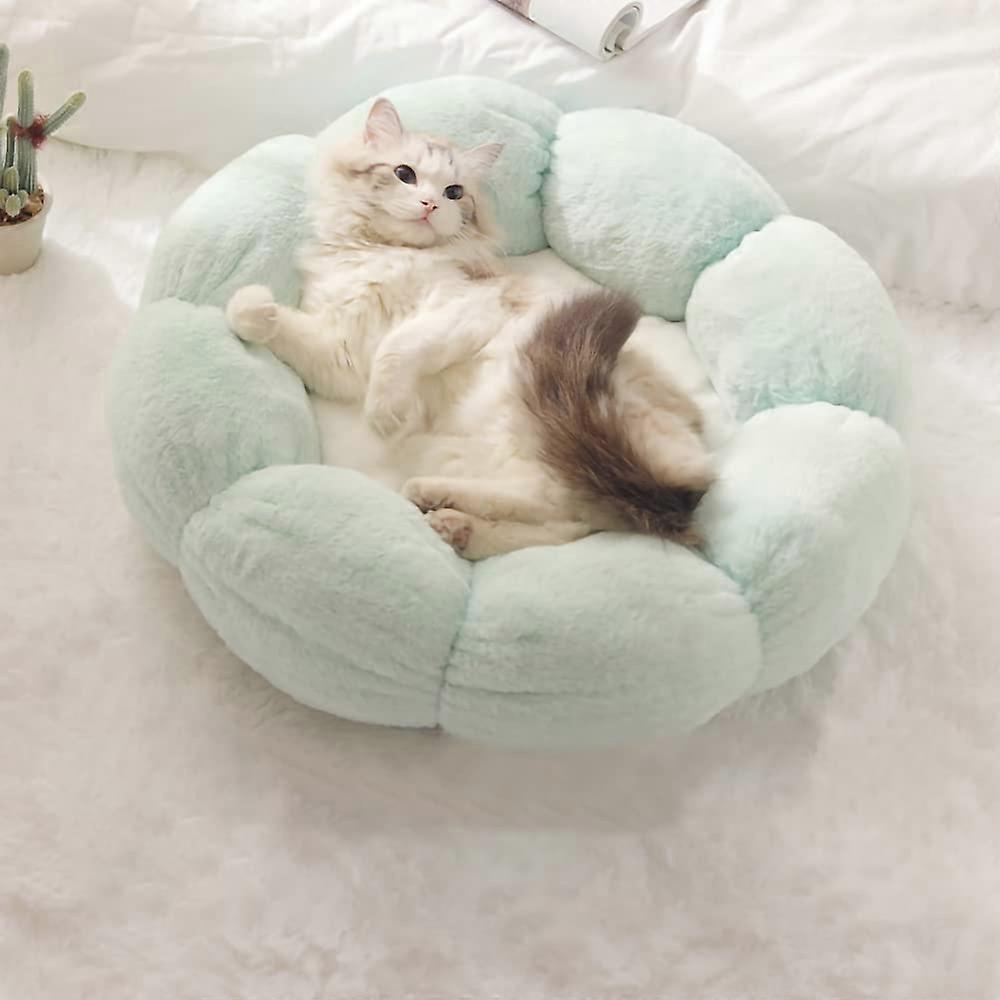 Cat Bed Dog Bed Washable Fluffy Plush Soft Round Flower Warm Green White 40cm