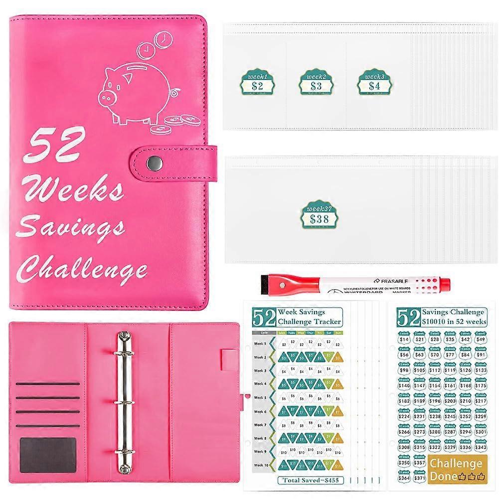52 Weeks Money Saving Challenge Book with Budget Envelopes, PU Savings Planner in Rose Red for Effective Finance Management