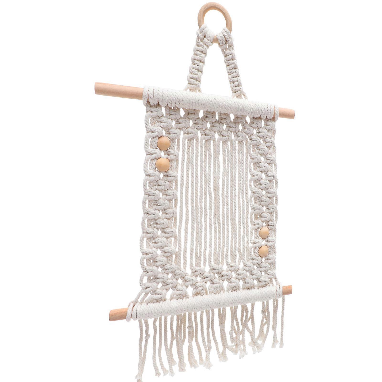 Country Room Decor Wall Tapestry Woven Tassel Pendant Home Decor Rectangular White 21.3×11.8×1.2in Photo Display 1Pcs