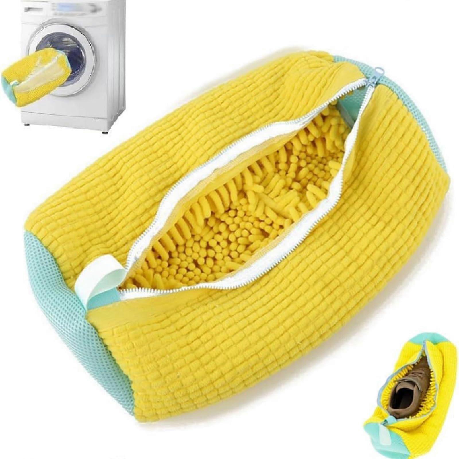 1PC padded mesh laundry bag for shoes, protective fluffy polyester fiber material, washing and drying bag, yellow