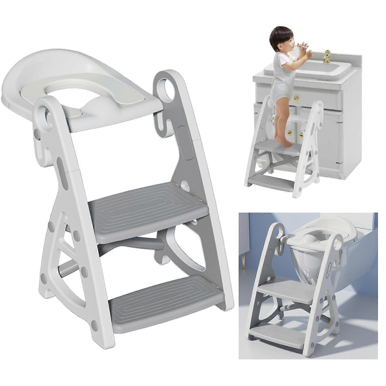 مقعد مرحاض للأطفال مع سلالم ، مدرب نونية قابل للطي للأولاد والبنات ، رمادي