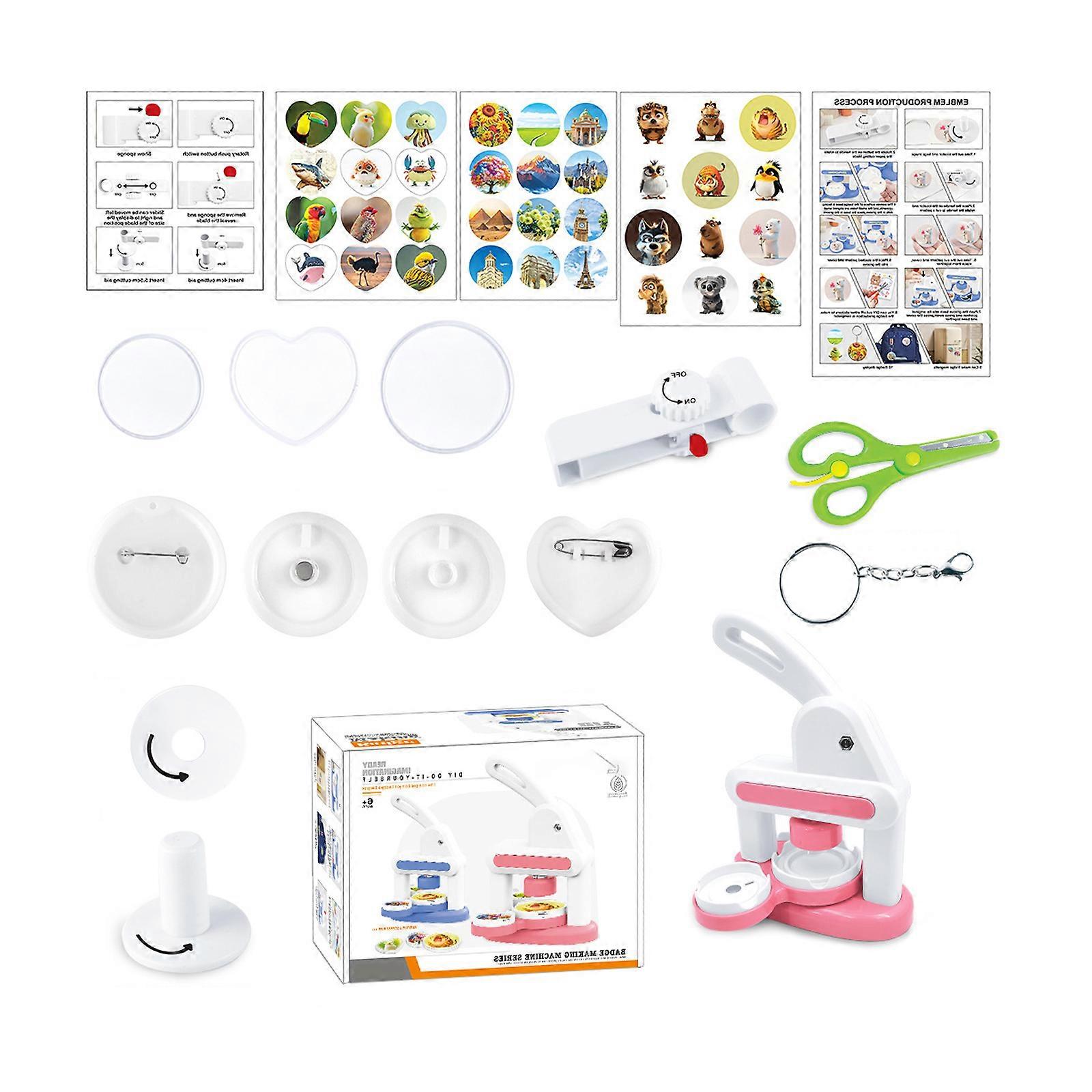 Manual Press Badge Machine For Children Creative Art Craft Kits With Templates for Kids Fine Motor Skill and Creation  Pink