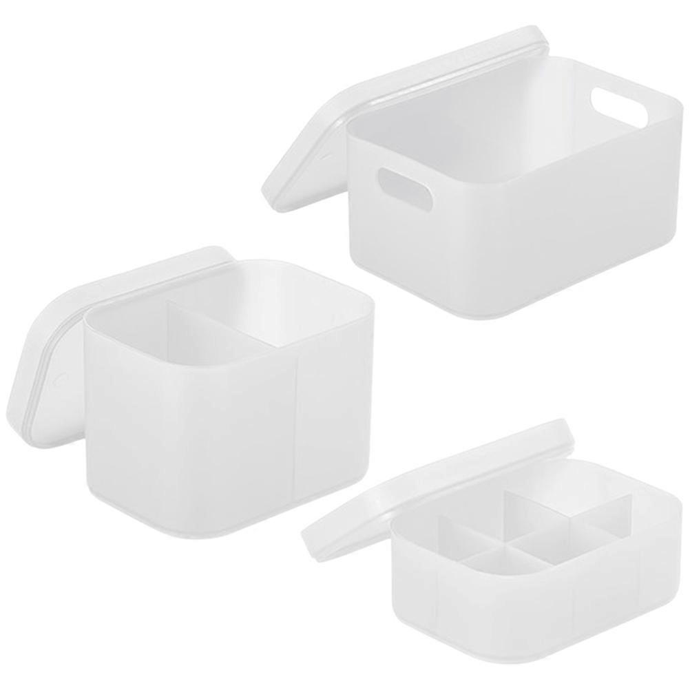 صندوق منظم مكياج 3 قطع مع غطاء - تخزين مضغوط للعناية بالبشرة ومستحضرات التجميل ، منظم سطح مكتب متعدد المقصورات - أبيض