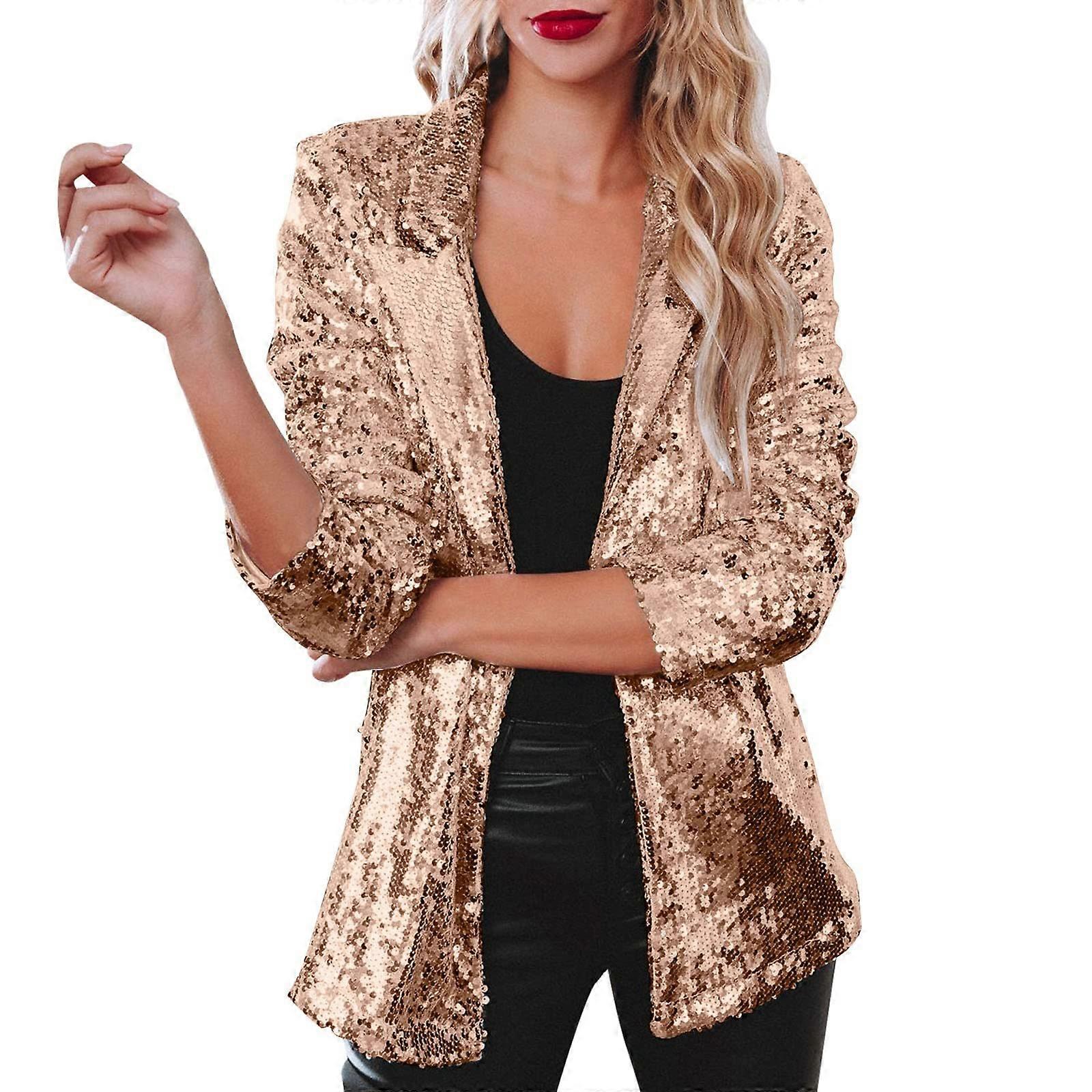 Women's Sequin Blazer Long Jacket With Zip Front StandUp Collar Gold Size M Metallic Bomber Style Glitter Party Coat