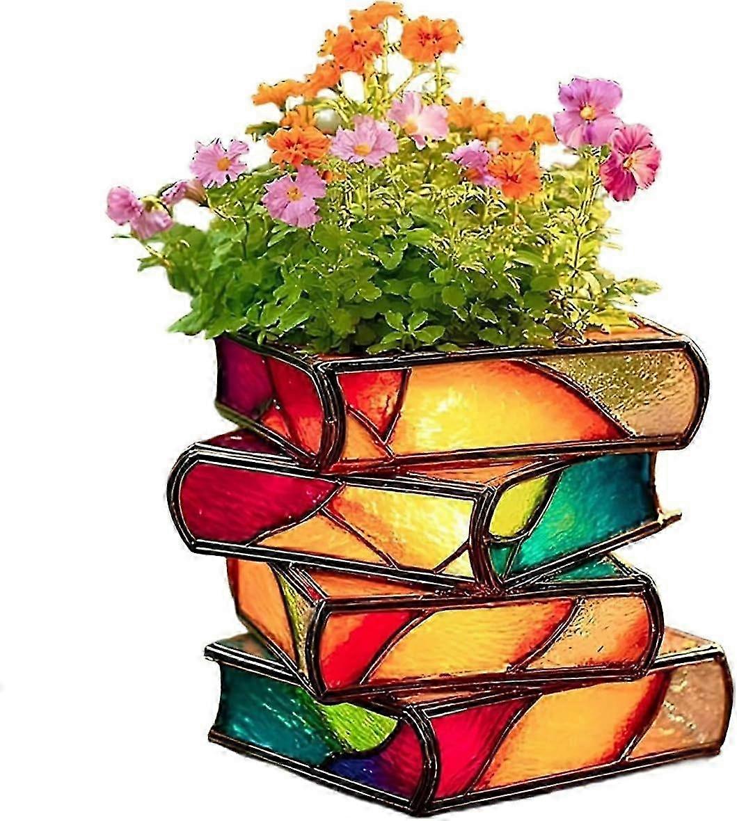 Stacked Books Flower Pot, Novelty 3D Painted Books Vase for Flowers, Colored Acrylic Book-Shaped Decorative Planter Books, Collection Gifts for Litera