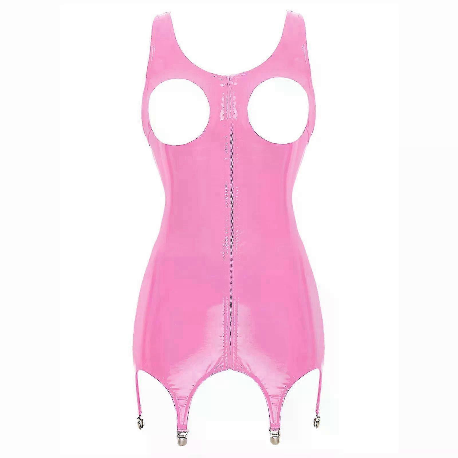 レディースセクシーなオープンカップミニドレスノースリーブウェットルックパテントレザー中空アウトドレスガータークリップ付きパーティークラブウェアナイトウェア