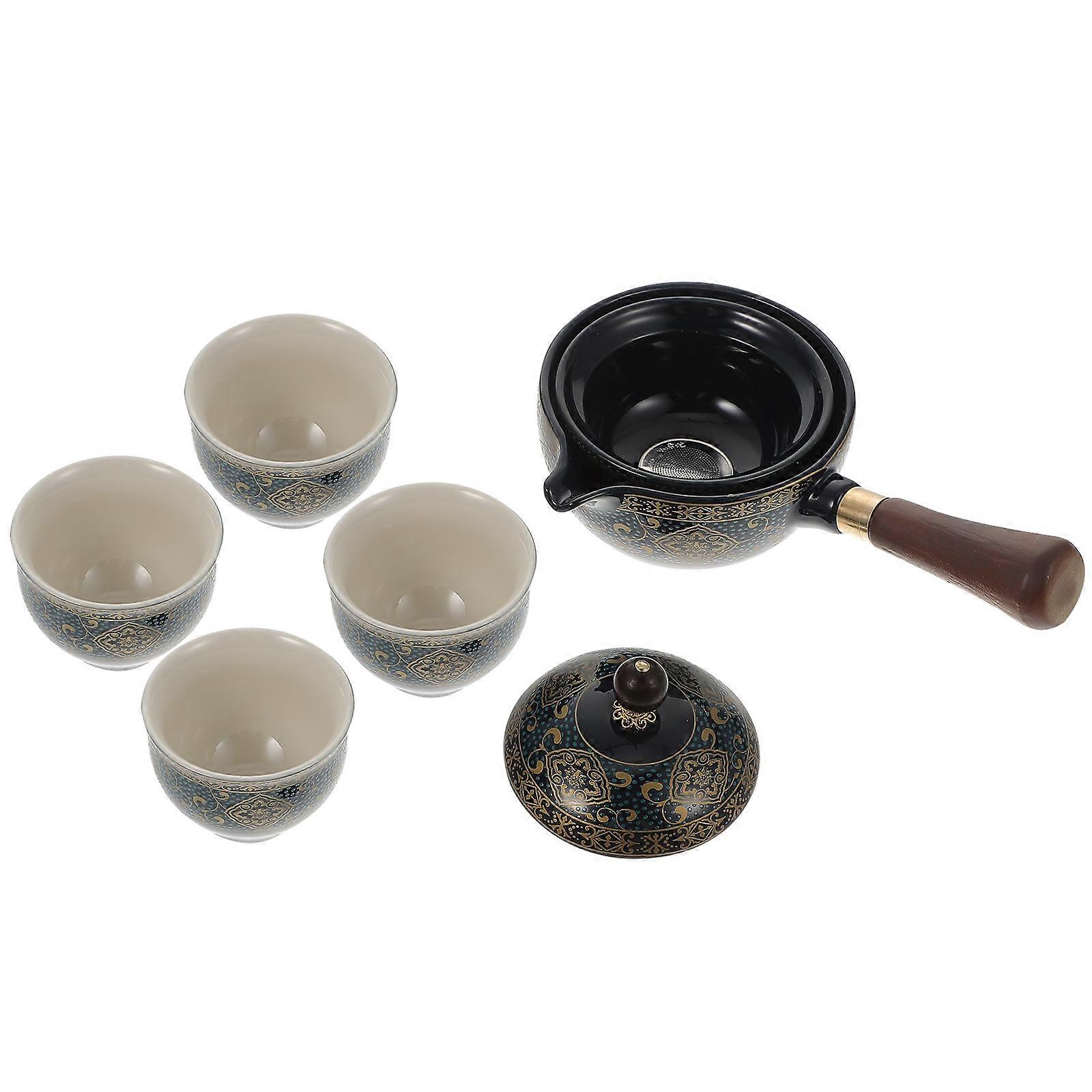 Rotary Ceramic Teapot with Side Handle, Chinese Style Tea Kettle with 4 Cups for
