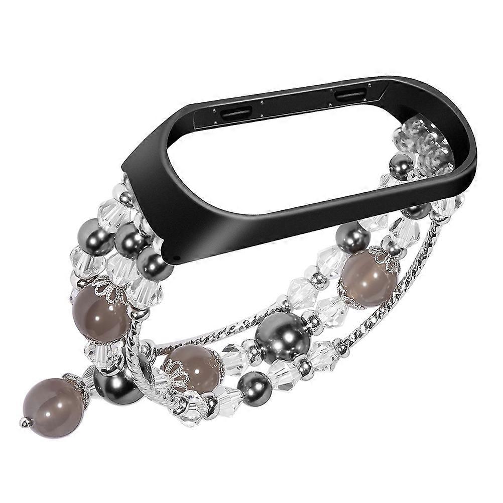 Colored Crystal Pearls Decor Wrist Strap Replacement Agate Watch Band Alternative Bracelet Compatible for Mi Band 4 (Grey)