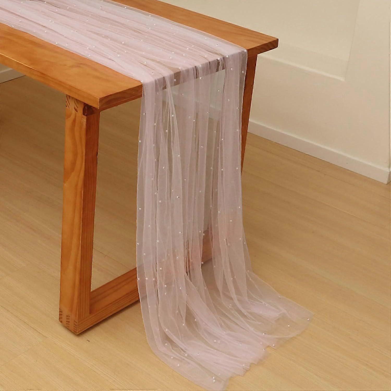 10 ft White Pearl Table Runner Tulle Fabric Lace Tablecloth Table Runners for