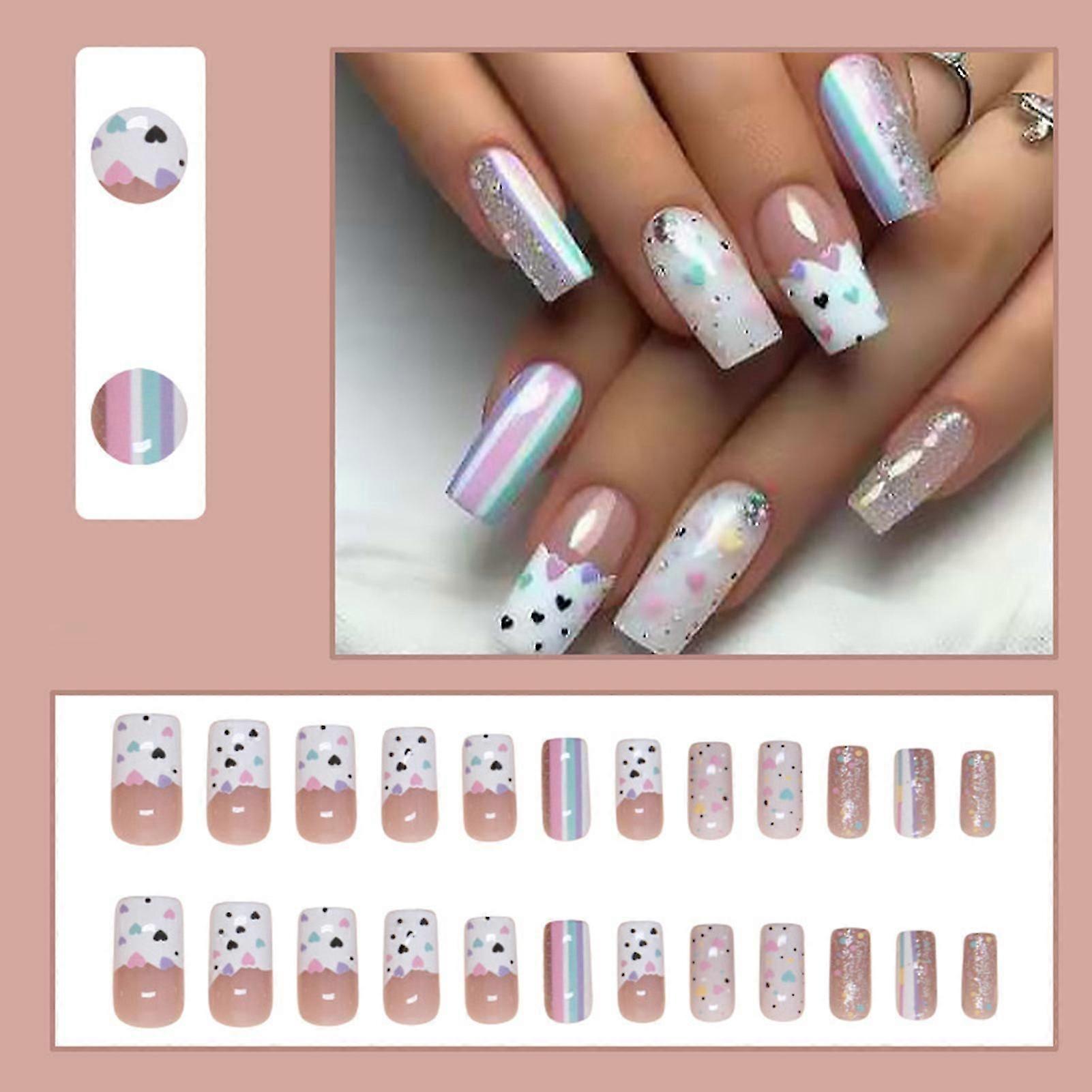 French Square Press On Nails Love Heart Minimalist Striped Fake Nails for Stage Performance Wear