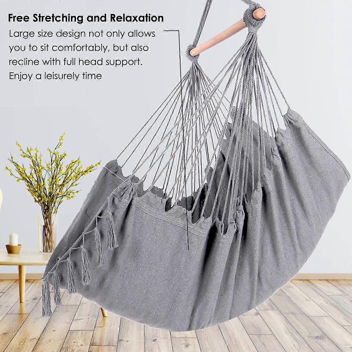 Hammock Chair Hanging Rope Swing, Large Hanging Chair With Pocket And Tassels,cushions For Superior Comfort, With Hardware Kit (grey)