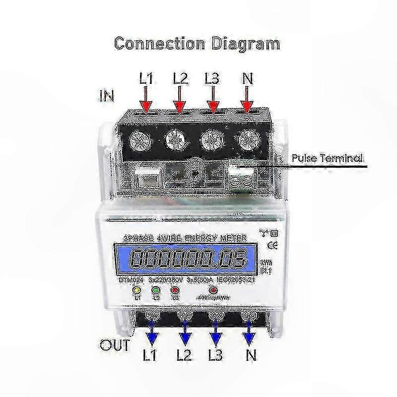 3 Phase 4 Wire Energy Meter 220/380V 5-80A, Digital KWH Power Meter with LCD Backlight, DIN Rail Installation