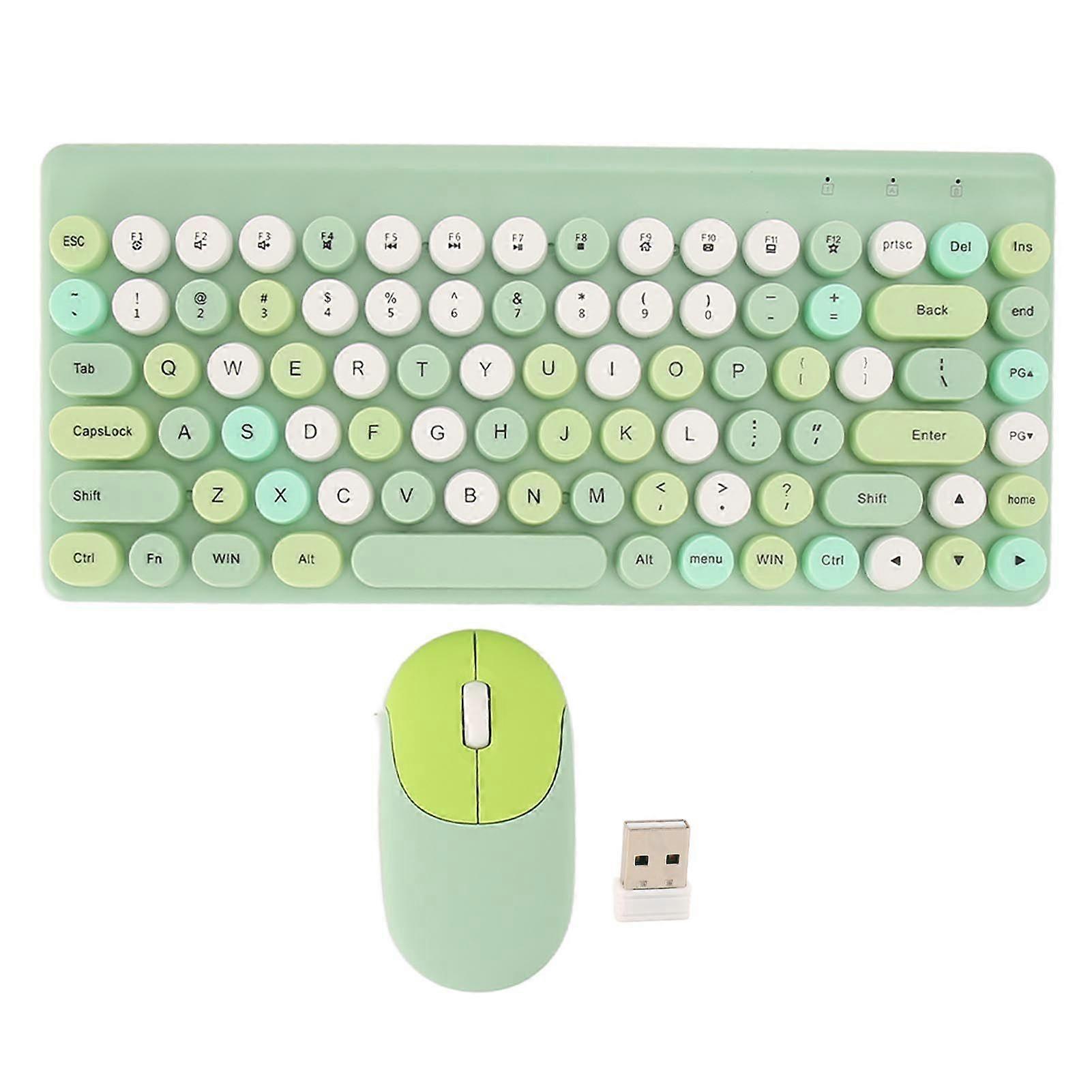 Wireless Keyboard and Mouse Retro Colorful Round Keycap 86 Keys Keyboard with 2.4G Wireless Mouse for PC Laptop Computer Green