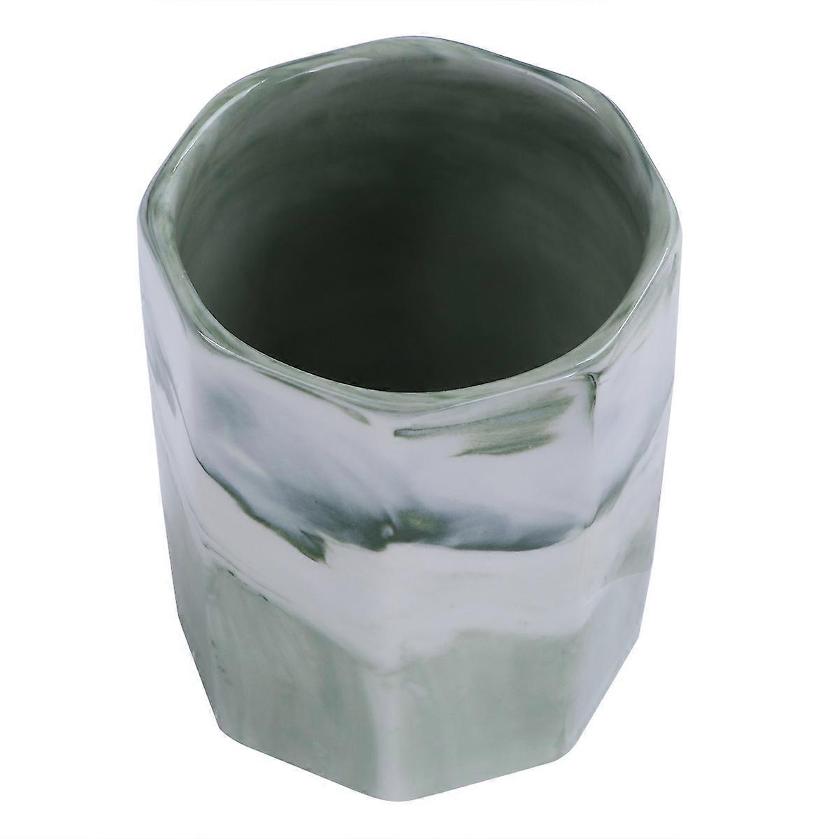 Octagonal Pen Holder Ceramic Marble Grain for Desk Use 2Pcs Green