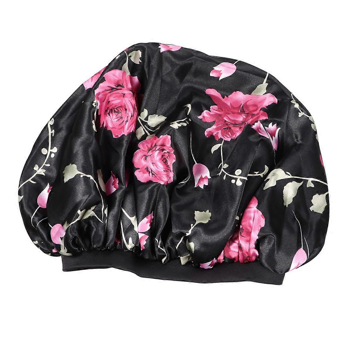 Sleeping Cap for Sleeping Wearing 3Pcs Large Satin Elastic Flower Print Black