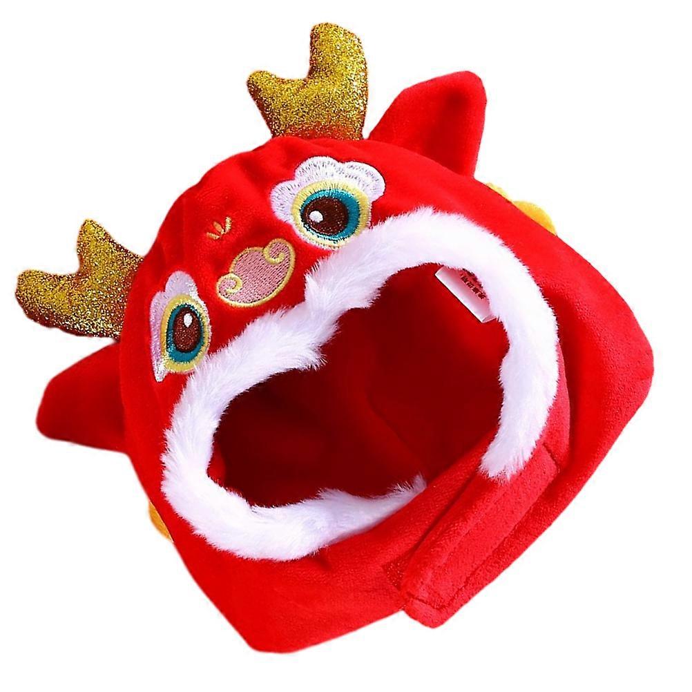 Cute Cat Dress Up Hat Dragon Head Shape For Pets In Red Plush With Embroidery Function 1Pack