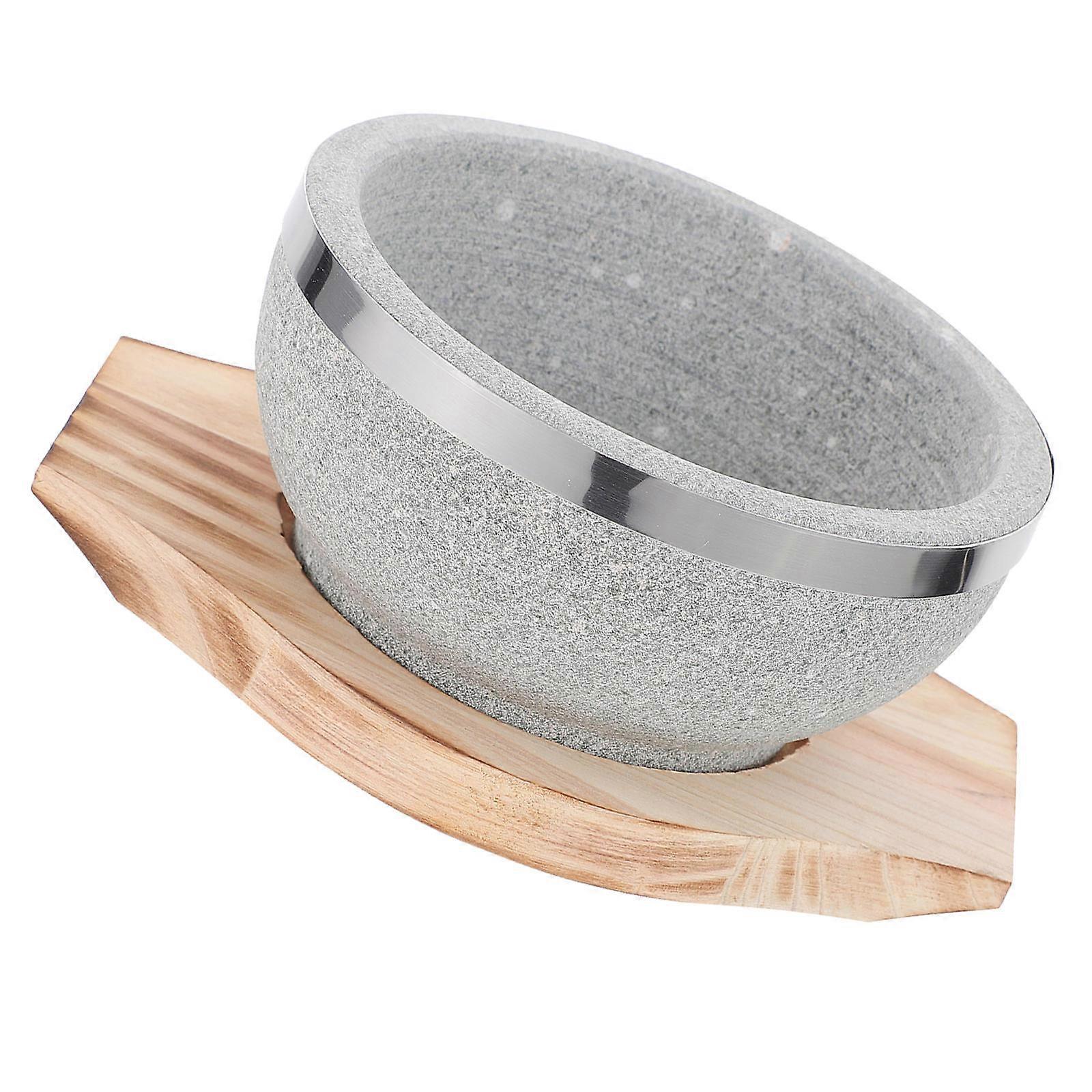 Heat Retaining Stone Bowl with Wood Base Tray Designed for Safe Open Flame Use in Everyday Dining 6Pcs