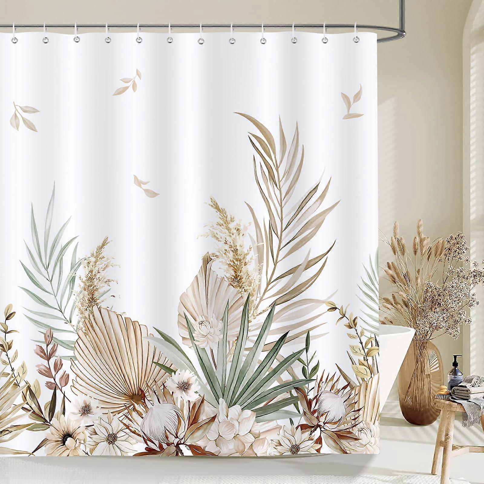 Boho Leaves Shower Curtain Palm Leaf Floral 180 x 180 cm Waterproof Polyester Mildew Mould Resistant with 12 Hooks