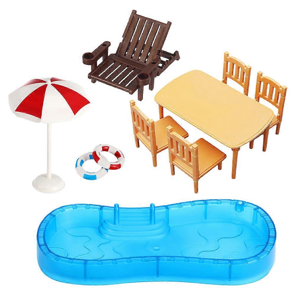 Dollhouse Miniature Swim Pool Set for Playing 2Sets with Swim Ring and Furniture