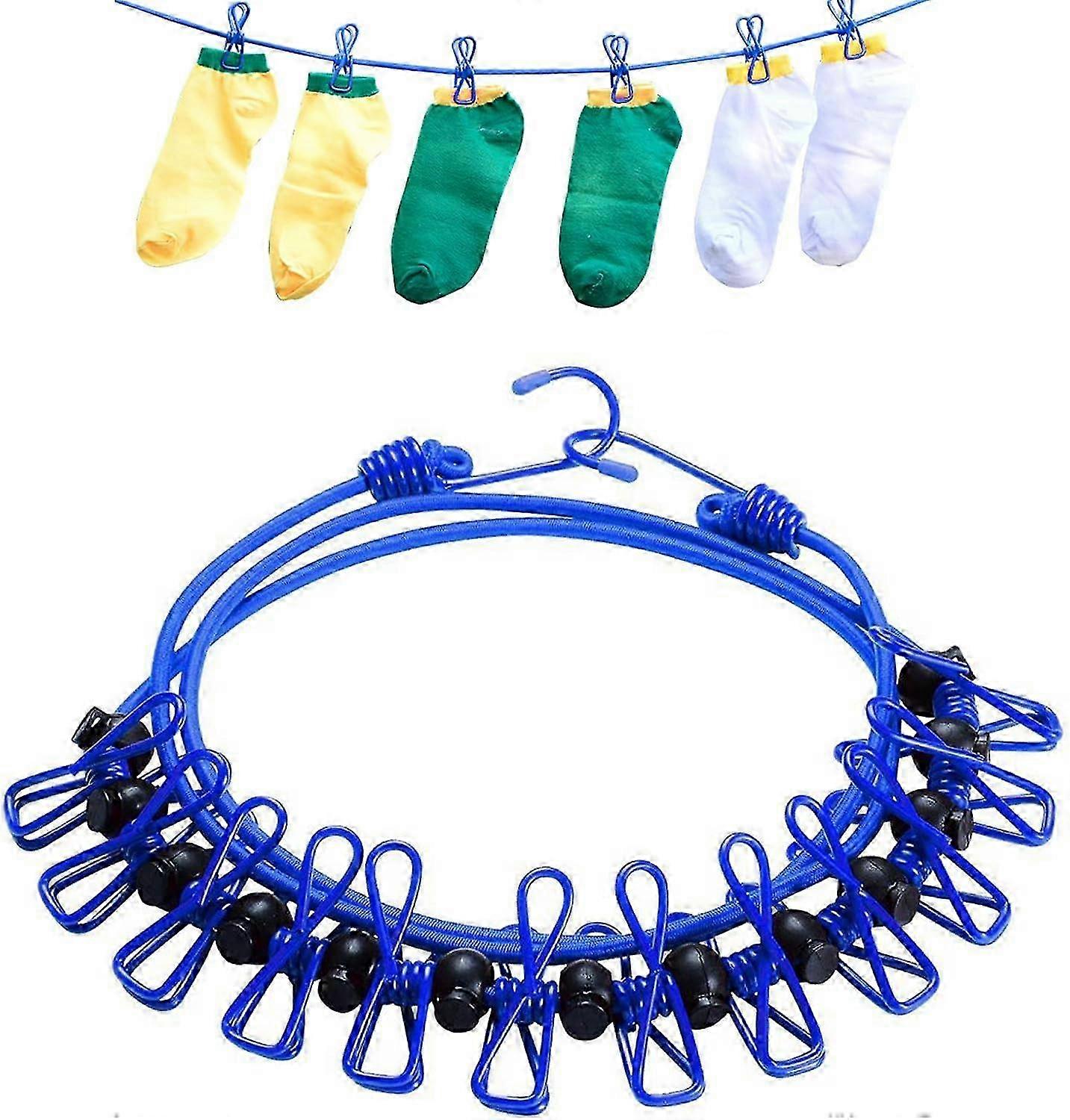 25-26 1 Pack Portable Clothesline, Elastic Travel Washing Line Adjustable Retractable Windproof Rope Clothesline with 12 Wire Clips