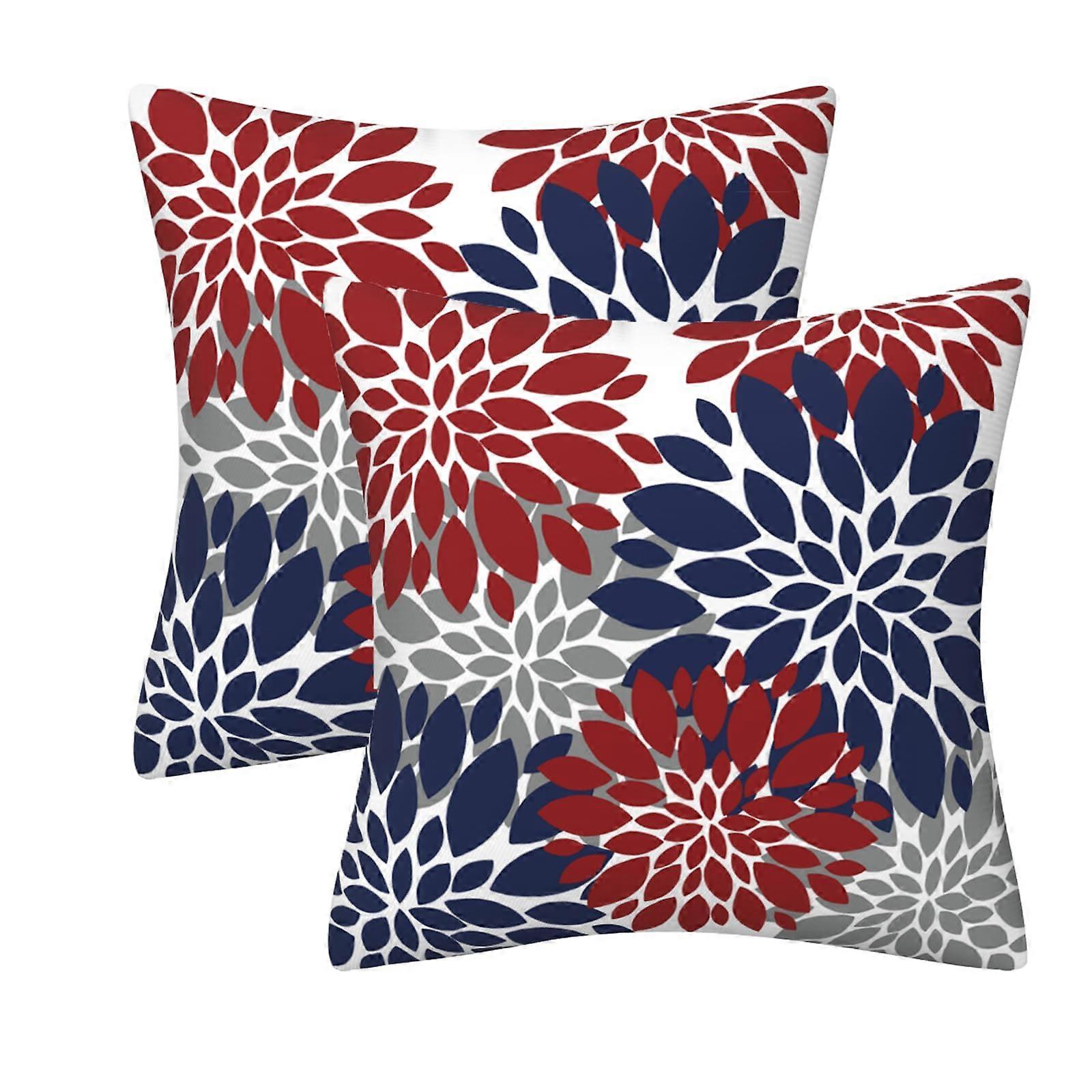 Floral Throw Pillows Navy Blue Red Grey, Farmhouse Indoor Outdoor Cushion Cover, 16 x 16 Inch Set of 2