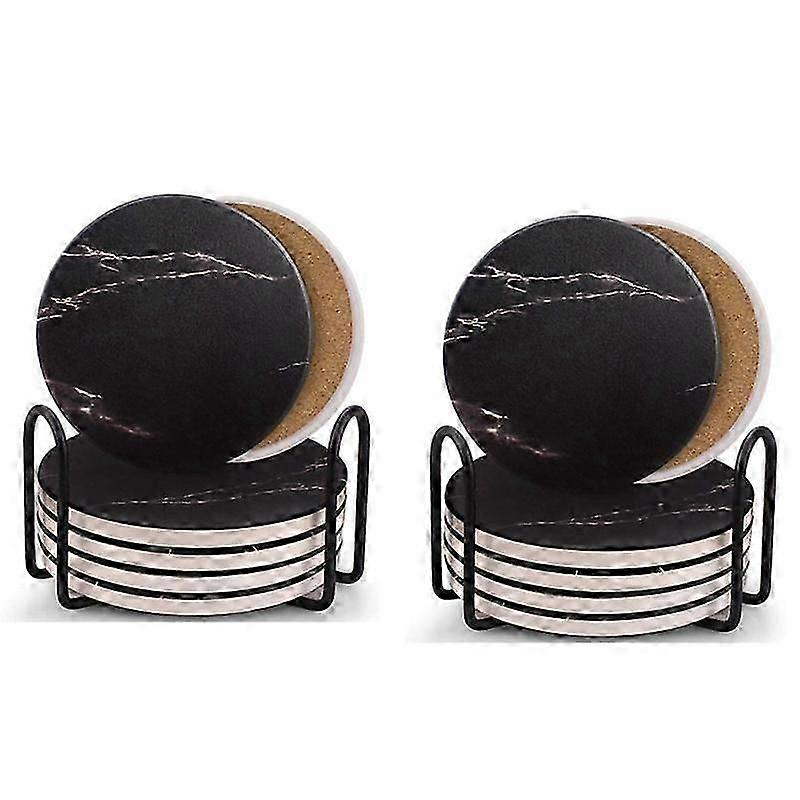 Coasters for Drinks, Ceramic Stone Coaster Set with Metal Holder Stand, Cork Base, Marble Surface P