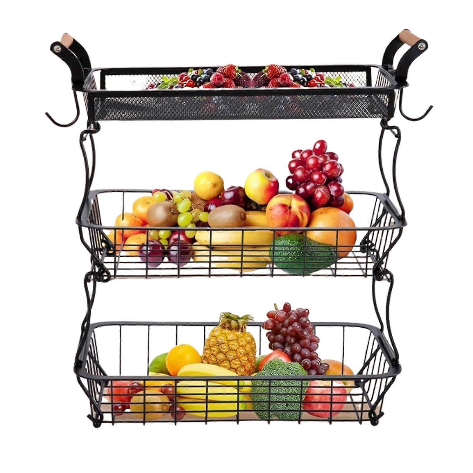 Fruit Basket with Banana Hooks, RustResistant Metal Bread and Vegetable Holder for Kitchen Storage