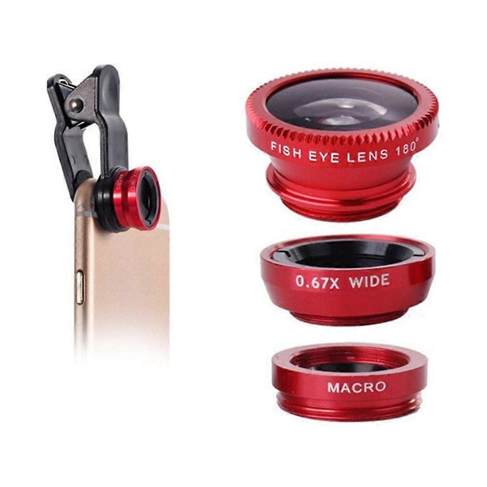 2 Sets 3 in 1 Phone Lens Fish Eye Lens Wide Angle Lens Macro Lens with Clip for Smartphone (Red Lens with Black Clip)