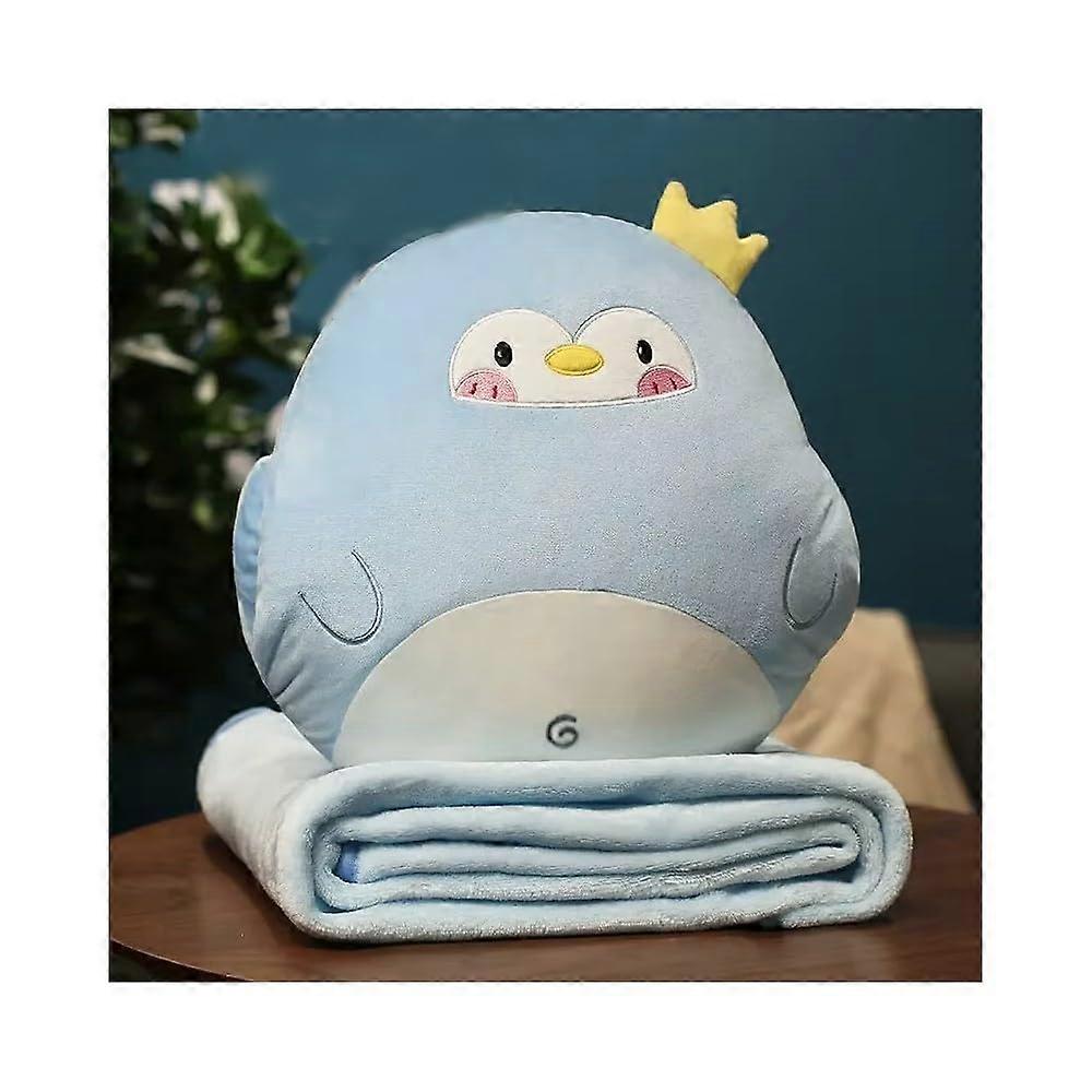2 in 1 Pillow Blanket with Hand Warmer Cartoon Penguin Soft Travel and Home Use 90x170cm