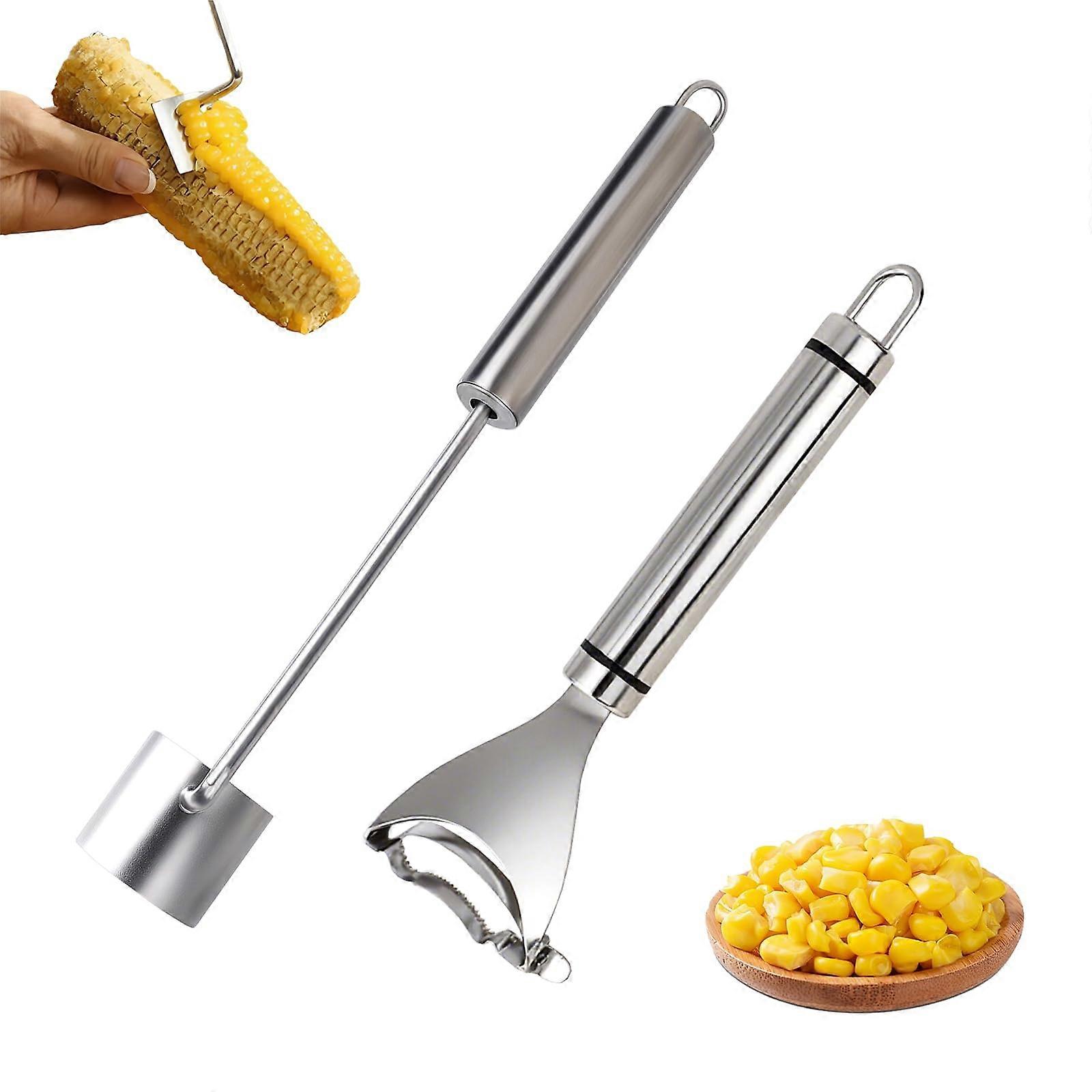 2 Pack Stainless Steel Corn Cob Stripper Tool with Long Handle, Fast Kernel Removal for BBQ and Kitchen